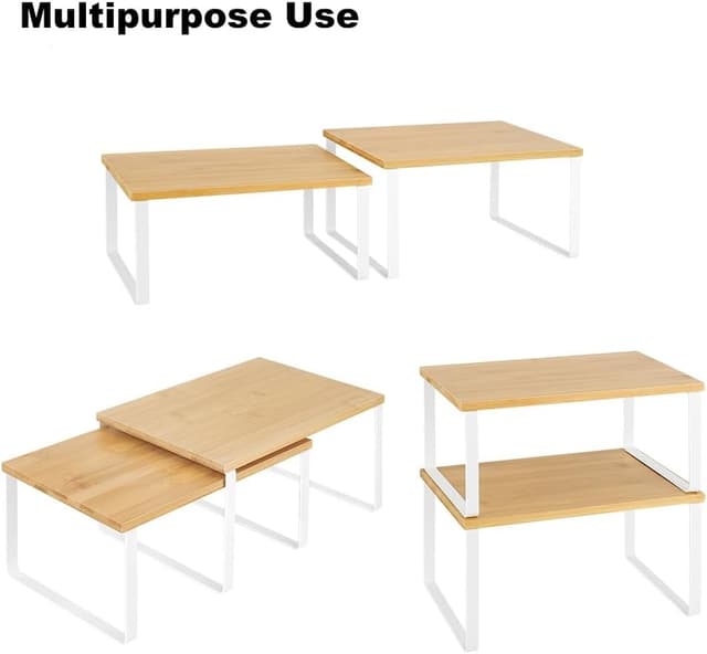 Detalle de NEX Bamboo Kitchen Cabinet & Counter Shelf Organizer (Set of 4) — Stackable, Expandable, White & Natural