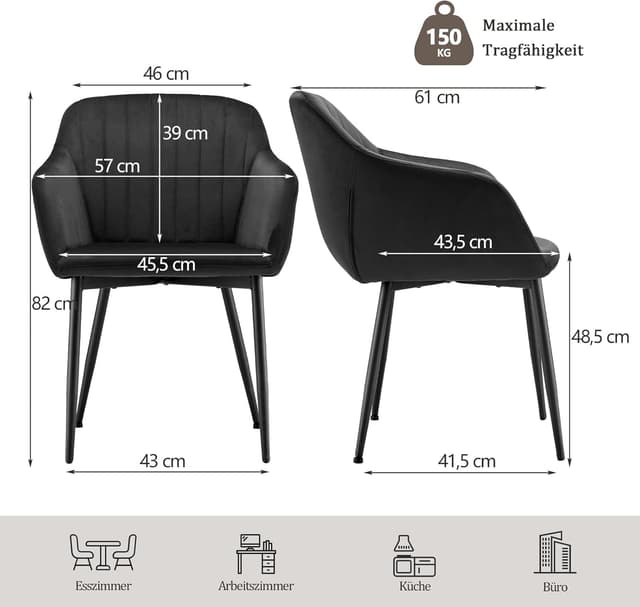 Detalle de Goeurvant set da 6 sedie da pranzo in velluto nere con seduta imbottita e braccioli