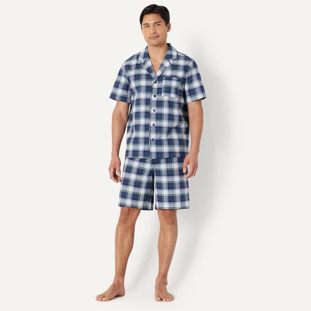 Detalle de Amazon Essentials Herren-Schlafanzug-Set aus Popeline mit Kurzarmhemd und Shorts