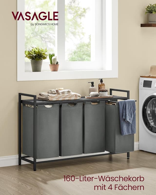 Detalle 2 de VASAGLE Wäschekorb mit 4 Fächern BLH401G01 (160 l, abnehmbare Oxford-Gewebetasche, Ablage)