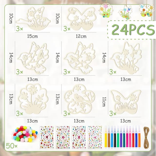 Detalle 2 de ARTREE 24 Holz Bastelset Kinder – Anhänger zum Bemalen mit Stiften & Stickern ab 4 Jahren