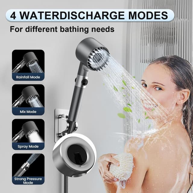 Detalle de Hard Water Filter Shower Head and Hose (Grey) – 3+1 Spray Modes High-Pressure Handheld with KDF Carbon Vitamin C Filter
