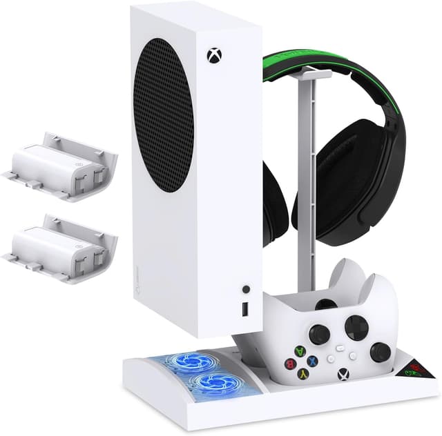 Detalle de FYOUNG Vertical Charging Cooling Stand for Xbox Series S (with Cooling Fan, 2x 1400mAh Rechargeable Batteries & Headset Holder) – White