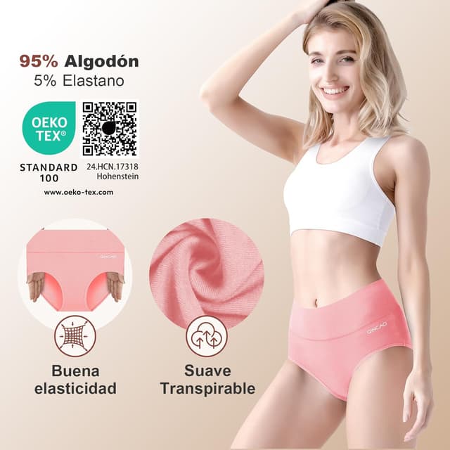 Detalle 1 de QINCAO Bragas Mujer Pack 6 cintura alta