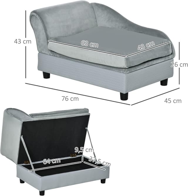 Thumbnail 6 de PawHut Canapé pour chien et chat sur pieds avec coffre de rangement et coussin amovible Gris clair (76 x 45 x 43 cm)