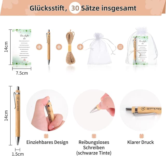 Detalle 2 de GADITIEK 30 Sets Glücksstift Abschiedsgeschenk für Kollegen, Dankeschön & Hochzeit – mit Organza-Beutel und Karten