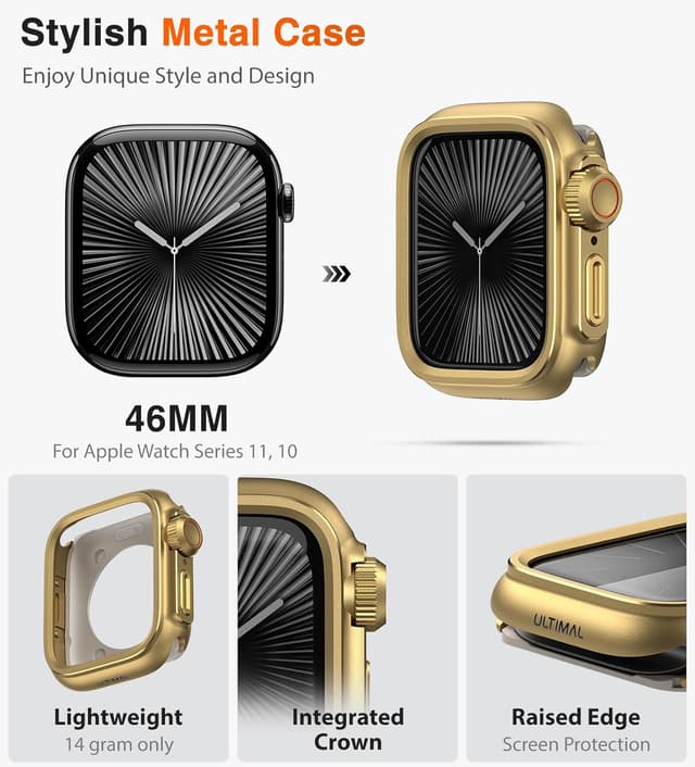 Detalle de ULTIMAL Watch Case for Apple Watch Series 11/10 (46mm) – Gold military-grade shockproof cover