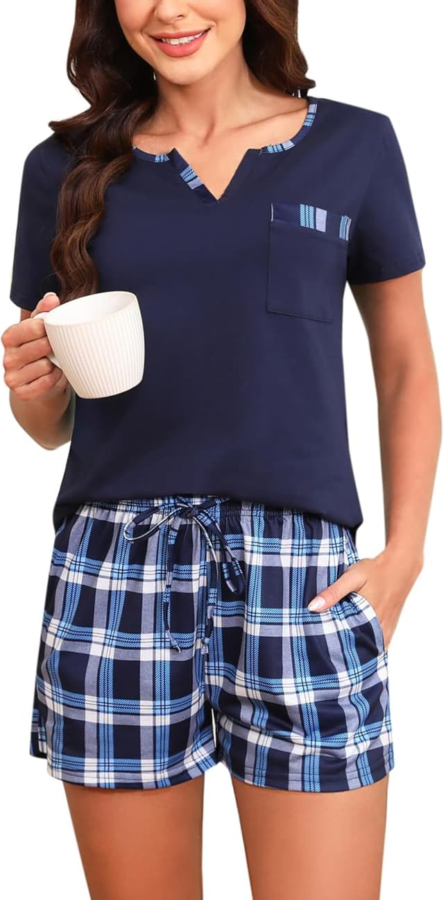 Detalle de Bresdk Damen Schlafanzug Kurz-Set aus Baumwolle mit V-Ausschnitt und kariertem Shorty