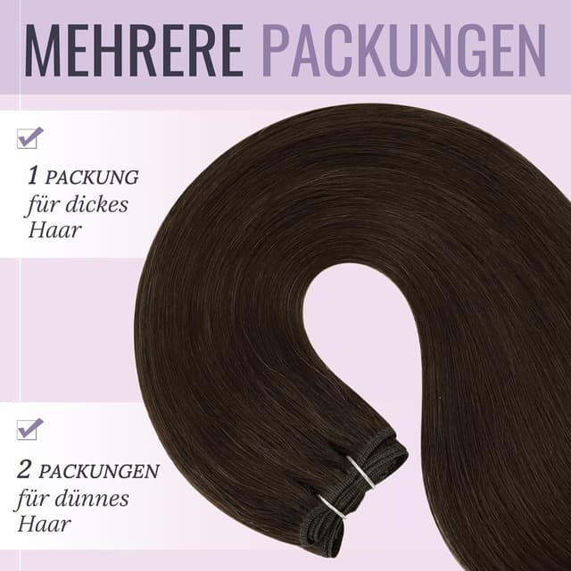 Detalle de Fshine Echthaar-Tressen zum Einnähen Dunkelbraun (60 cm), 100 g – für natürliche Haarverlängerungen