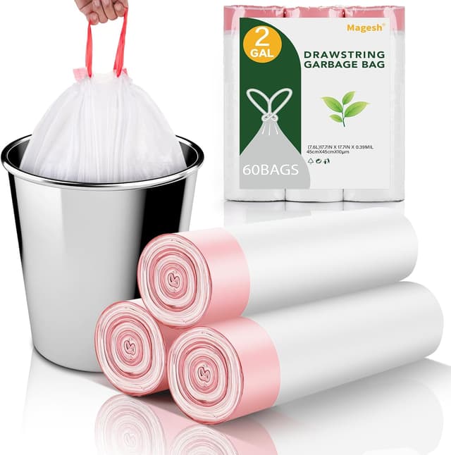 Detalle de 2 Gallon Small Trash-Bags with Drawstring for Bathroom, White Mini Garbage Bags (60 Count, Unscented)