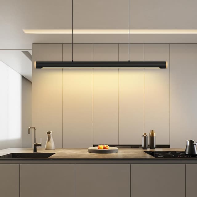 Detalle de FANLG 100 cm Pendelleuchte fürs Esstisch-Set: LED, dimmbar, höhenverstellbar, schwarz inkl. Fernbedienung