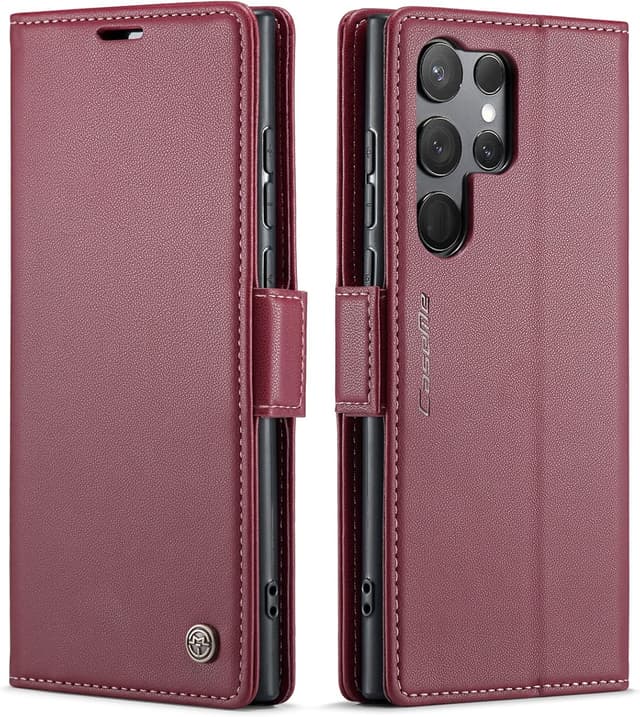 Detalle de QLTYPRI Hülle für Samsung Galaxy S24 Ultra mit RFID-Schutz, Kartenfach und Klapp-Stand – Weinrot