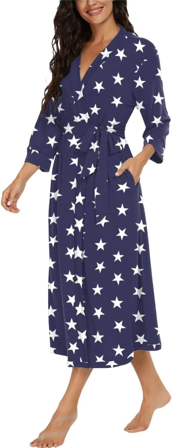 Detalle de PrinStory Damen-Bademantel mit 3/4-Ärmeln, V-Ausschnitt & Kimono-Schnitt – leichter Morgenmantel für Sauna, Bad und Alltag