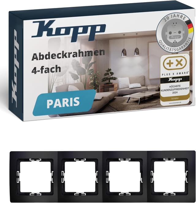 Detalle de Kopp PARIS 4-fach Abdeckrahmen in Matt-Schwarz (8,3 x 29,6 cm) für Steckdosen & Schalter