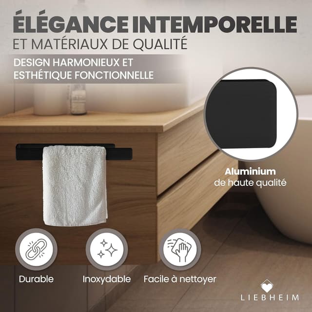 Detalle de LIEBHEIM porte-serviette mural sans perçage en aluminium noir – 40 cm