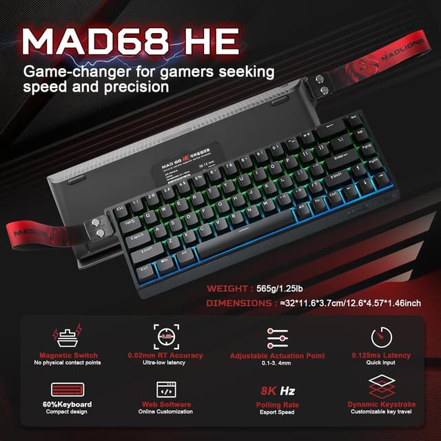 Detalle 2 de YUNZII x MADLIONS MAD68 HE wired 60% gaming keyboard with magnetic rapid trigger (black)