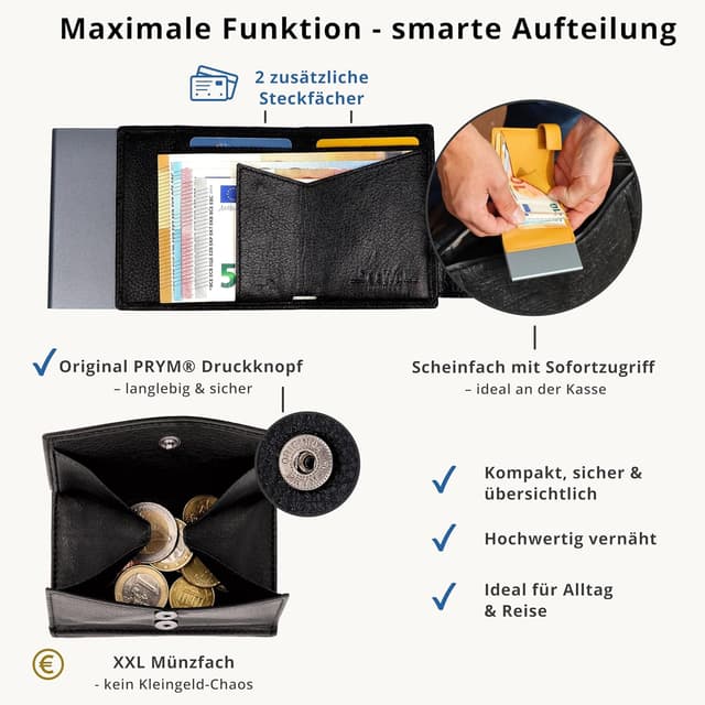 Detalle 2 de SecWal Kartenetui mit XXL Münzfach, Druckknopf & RFID-Schutz inkl. Geschenkbox – Schwarz