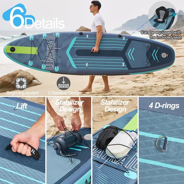 Detalle de LunaTrail 11' x 34" Extra-Wide Inflatable Stand Up Paddle Board (SUP) Complete Kit for Yoga, Surfing & Family Fun