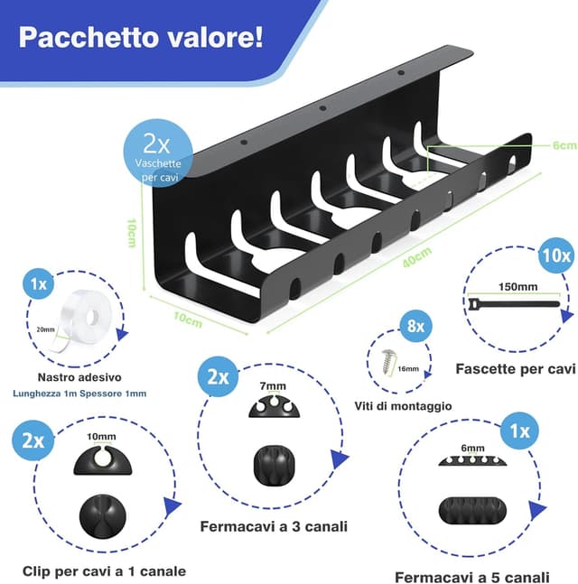 Detalle de HOMMAND Raccogli Cavi Scrivania, 2 pezzi sotto scrivania con canalina e accessori per organizzare i cavi