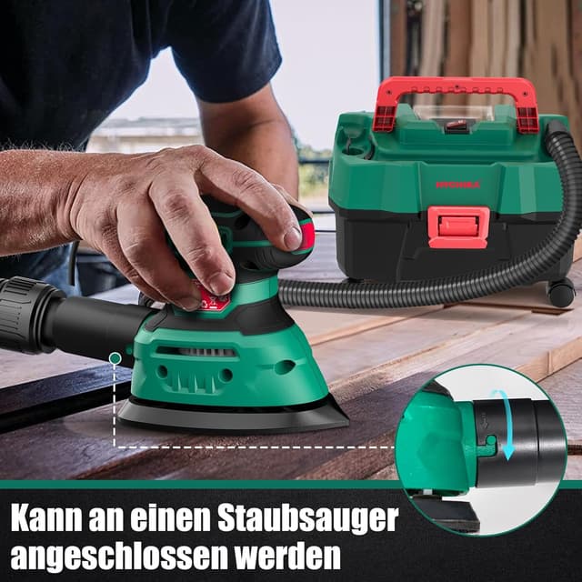 Detalle de HYCHIKA ponceuse bois 140 W – 13 000 OPM avec dépoussiérage et 12 papiers abrasifs