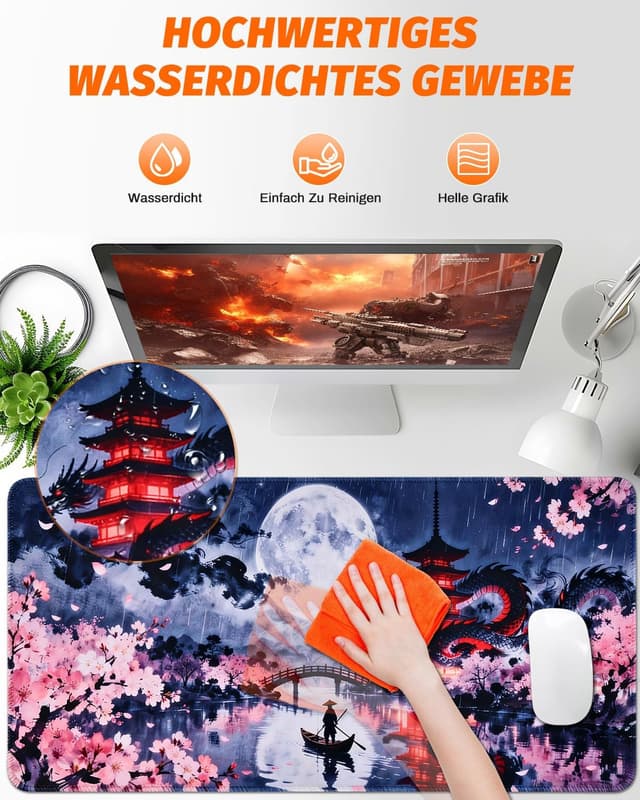 Detalle de XXL Gaming-Mauspad mit Anime-Japan-Kunst (900×400 mm) – rutschfeste Unterseite & 3 mm Dicke
