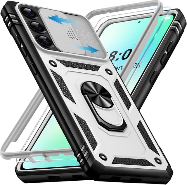 Detalle de Giyer Panzerhülle für Samsung Galaxy S24 FE (5G) mit Kameraschutz, 360° Metallring-Ständer und Schutzfolie