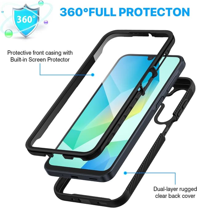 Detalle de CENHUFO for Samsung A17 / A16 Case with built-in screen protector and 360° shockproof cover (Black/Clear)