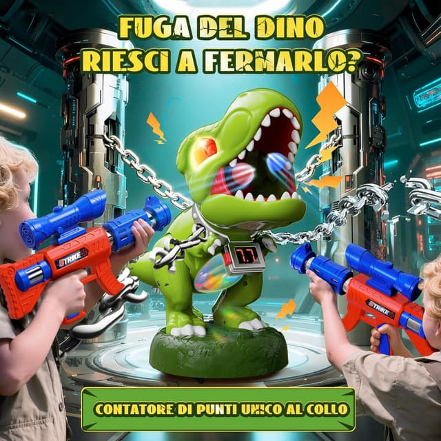 Detalle 2 de Dinosauro giocattolo di tiro con 2 pistole a pompa d’aria e luci, mirino e contatore LED (3–10 anni)