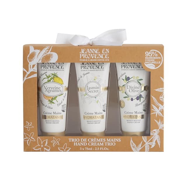 Detalle de Jeanne en Provence Handcreme-Set (3×75 ml) – Eisenkraut Zitrusfrüchte, Jasmin Secret & Divine Olive