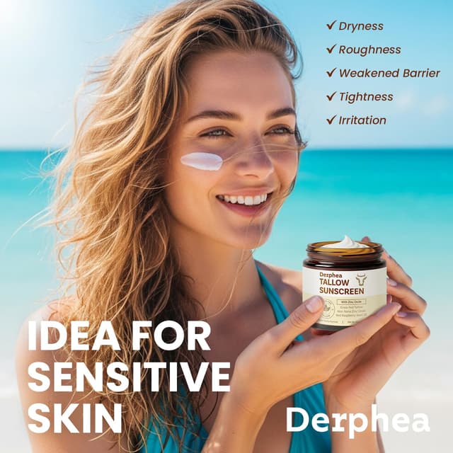 Detalle de Derphea Natural Beef Tallow Sunscreen SPF 50 (22% Non-Nano Zinc Oxide) for Sensitive, Acne-Prone, Kid-Safe Skin