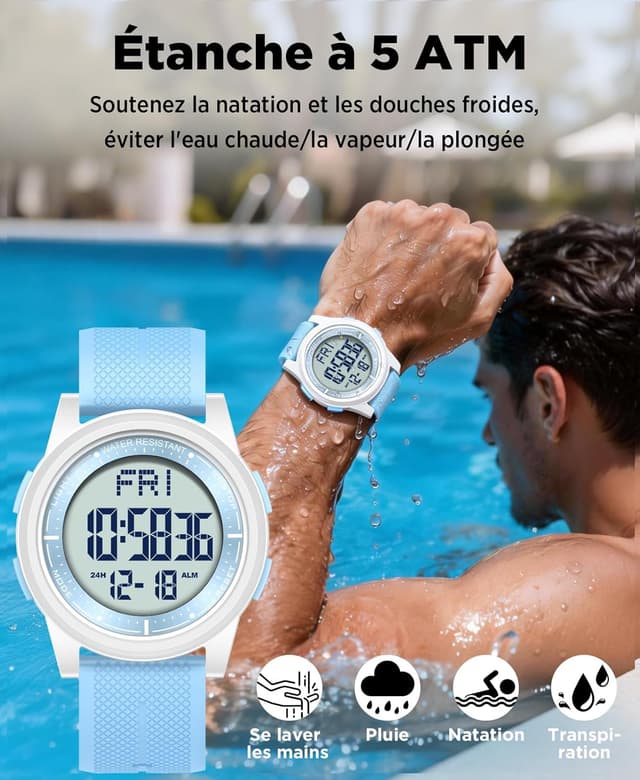 Detalle de WIFORT Montre digitale étanche pour homme et femme, chronomètre, compte à rebours et alarme