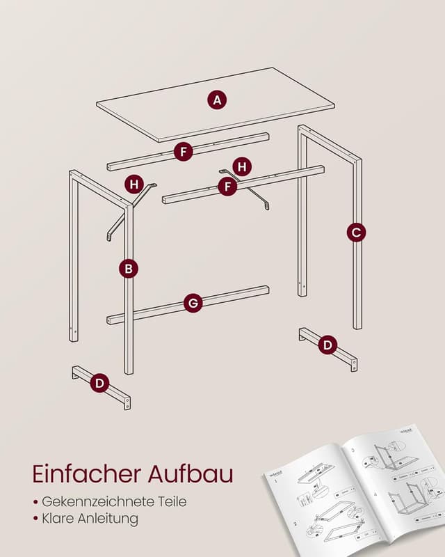 Detalle 2 de VASAGLE Computertisch LWD041K01 (100 x 50 x 76 cm) in Kamelbraun/Schwarz – stabiler Bürotisch fürs Arbeitszimmer