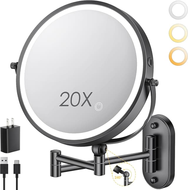 Detalle de ZLOKLA 9" Wall Mounted Lighted Makeup Mirror with 1X/20X Magnification, Rechargeable 4000mAh Battery, 3-Color Dimmable Lights