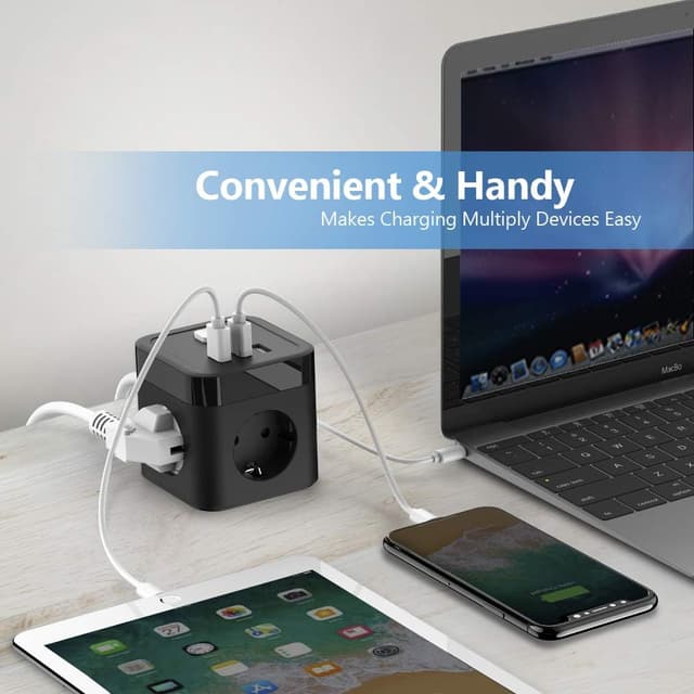 Detalle 2 de JSVER Steckdosenleiste Cube Würfel mit 3 USB, 3680 W und 1,5 m Kabel – kompakt für Büro, Zuhause & unterwegs