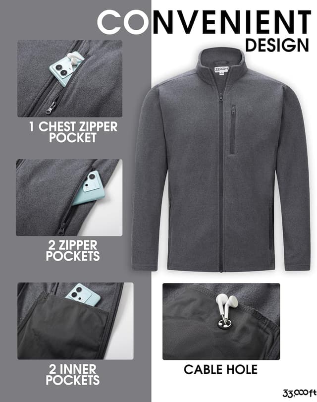 Detalle 2 de 33,000ft Herren-Fleecejacke mit Stehkragen – leichte Warmjacke für Übergang, Outdoor & Freizeit