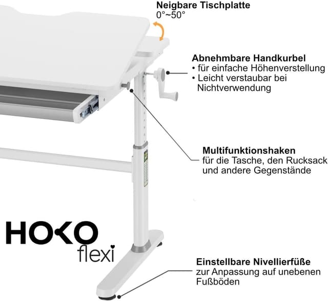 Thumbnail 5 de HOKO Kinderschreibtisch Höhenverstellbar ELIN – 120×60 cm, neigbare Tischplatte und Schubladen