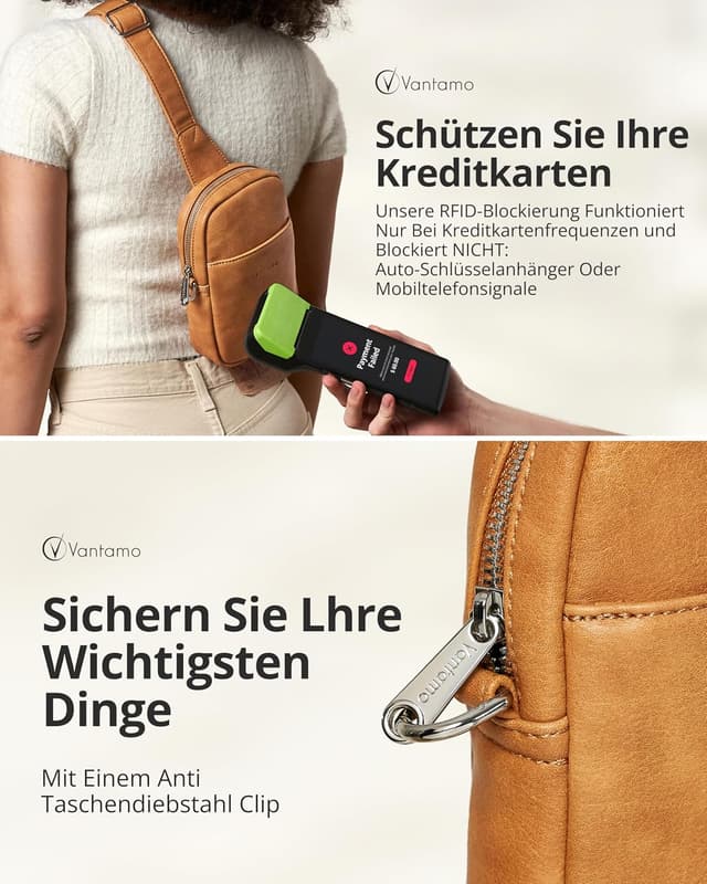 Detalle de Vantamo Damen-Umhängetasche mit RFID-Blockierung & Anti-Taschendiebstahl-Clip – veganes Leder