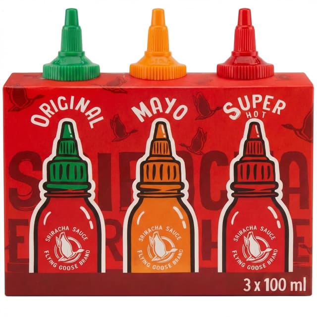 Detalle 2 de Flying Goose Sriracha scharfe Chilisaucen-Mischkarton (3 x 100 ml) als Probierpaket in 3 Geschmacksrichtungen