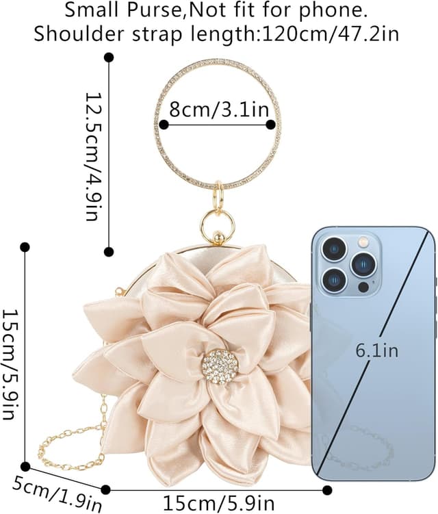 Detalle de MilyaDE Damen Clutch mit Blumenmotiv – elegante Brauttasche für Hochzeit, Party & Abend mit Kiss-Lock und Kette
