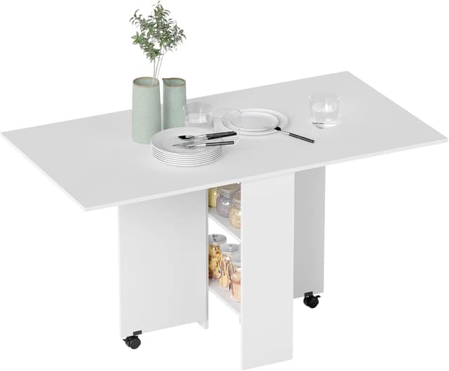 Detalle de HOMCOM Table pliante de cuisine extensible sur roulettes, 2 étagères intégrées, 75 x 140 x 74 cm, blanc