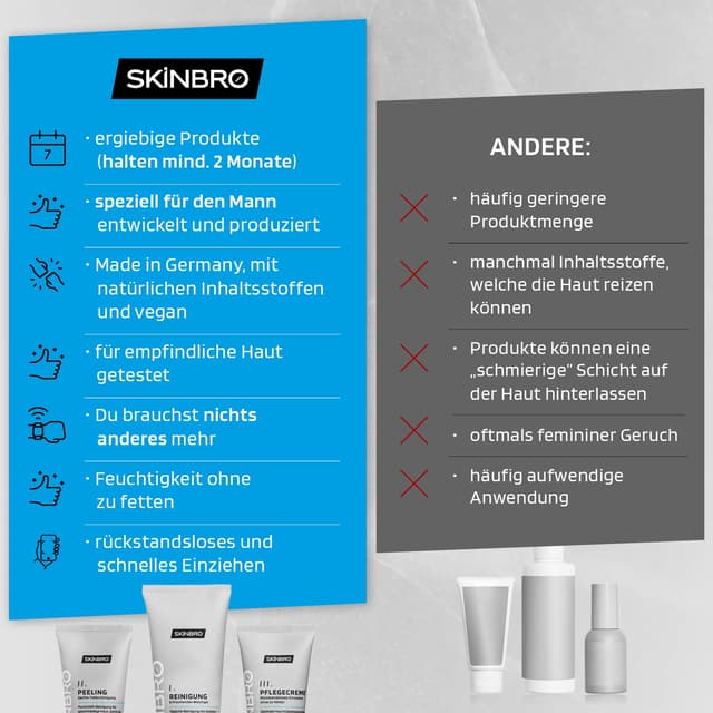 Detalle de SKINBRO Männer Gesichtspflege-Set (3 Schritte) – Reinigung, Peeling & Koffein-Gesichtscreme, vegan, Made in Germany