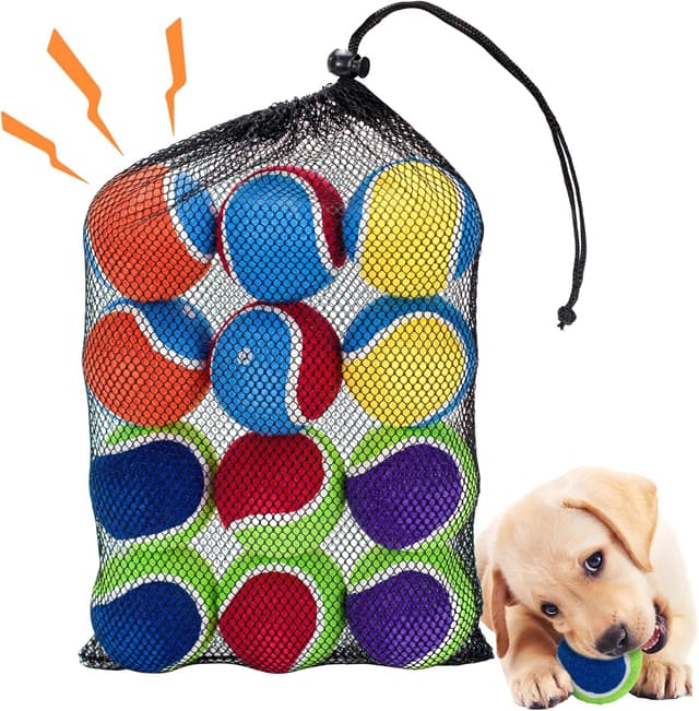 Detalle de Ousiya Squeaky Tennis Balls for Dogs (12 Pack, 6.5 cm) with Mesh Bag – Durable fetch and training toy
