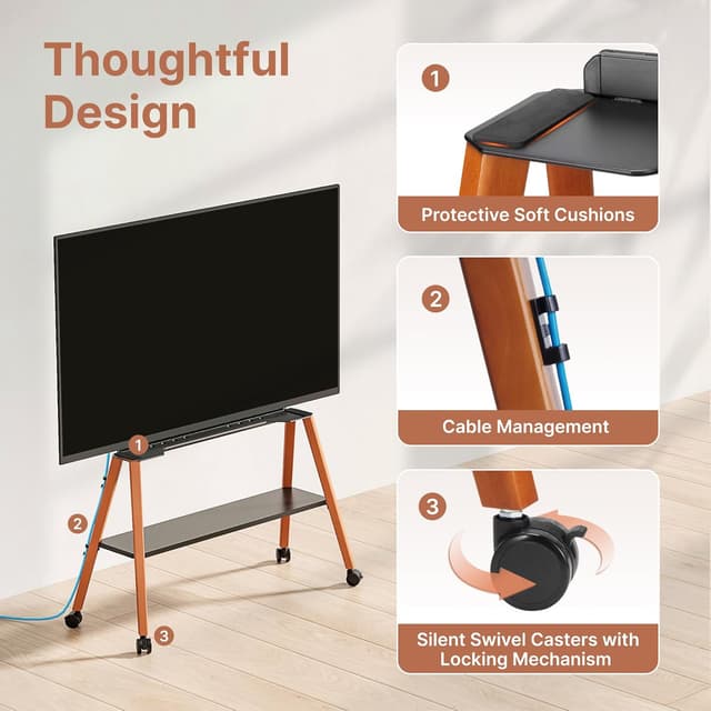 Detalle de ECOTINY TV-Ständer mit Rollen für 49–75 Zoll (bis 40 kg) – Metallstruktur & Holzablage