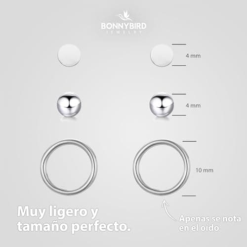 Detalle 2 de BONNYBIRD BonnyClassic: set de pendientes pequeños para mujer en plata (acero quirúrgico, hipoalergénicos) con 3 pares