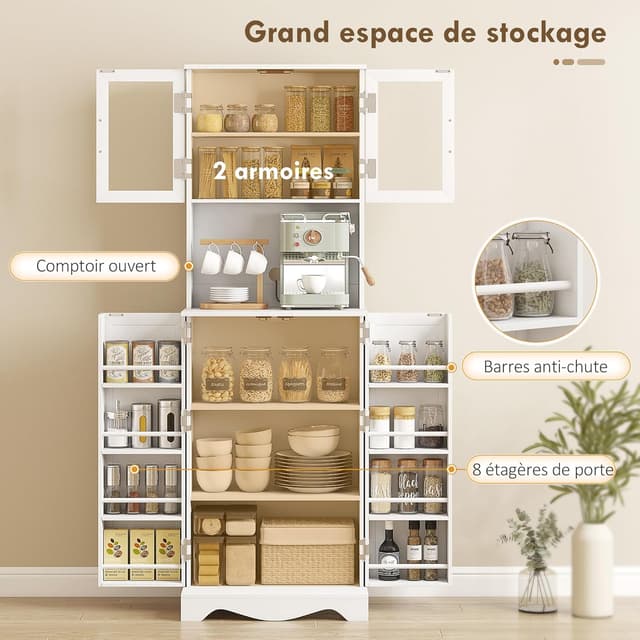 Detalle 2 de HOMCOM buffet haut pour cuisine avec vitrine, plan de travail et 4 portes (60 x 39,5 x 179,6 cm) blanc
