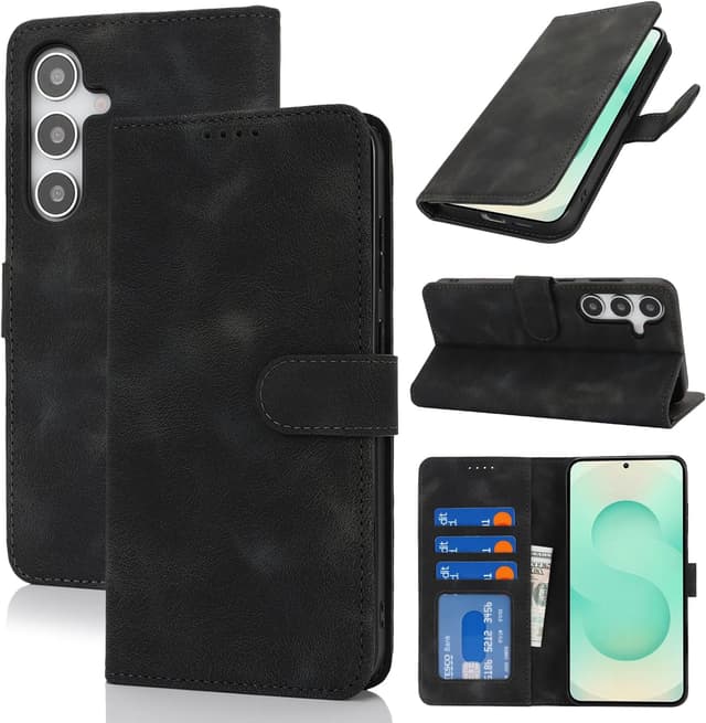 Detalle de Zouzt Hülle für Samsung Galaxy S25 Plus – Stoßfeste PU-Leder Klapphülle mit Kartenhalter und Standfunktion (Vintage Schwarz)