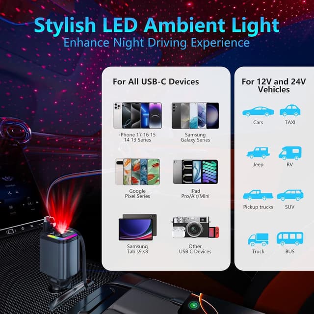 Thumbnail 6 de Jukibole Zigarettenanzünder-Ladegerät mit Sternenhimmel, 120W Auto-USB-C Schnellladung & einziehbares Kabel