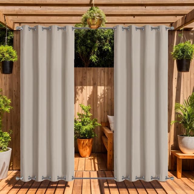 Detalle de LiveGo Outdoor Waterproof Curtains with Stainless Steel Grommets (2 Panels) for Porch, Pergola & Garden, Beige, 140 x 213cm