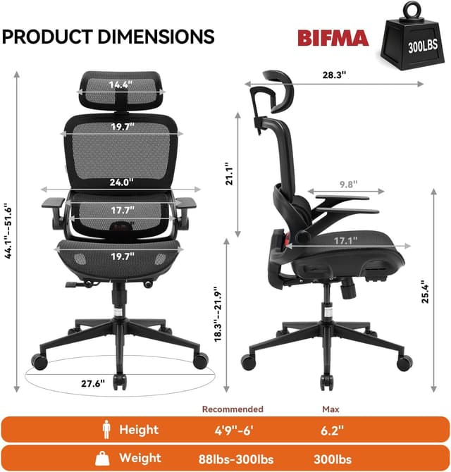 Detalle de SIHOO B100 : chaise de bureau ergonomique à maille respirante, support lombaire dynamique et inclinaison 90–135°