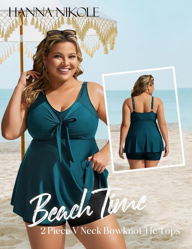 Detalle de Hanna Nikole Women’s Plus Size Tankini Set with Tummy Control & Push-Up Chest